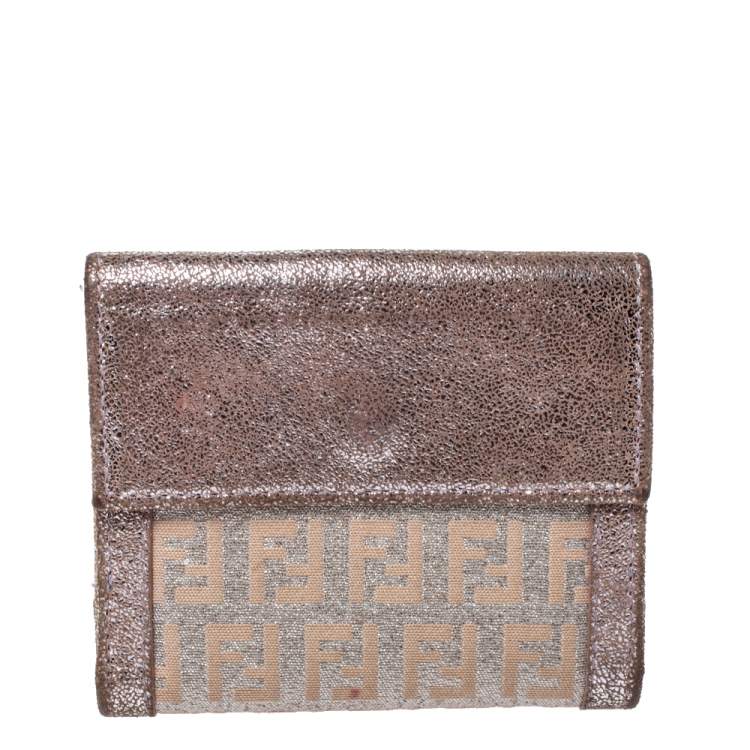 Pre Owned Fendi Silver/Beige Zuchino Shimmer Canvas and Leather Flap Compact Wallet