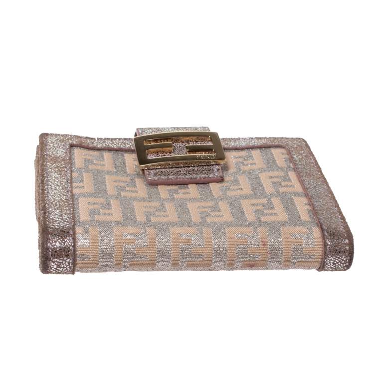 Pre Owned Fendi Silver/Beige Zuchino Shimmer Canvas and Leather Flap Compact Wallet