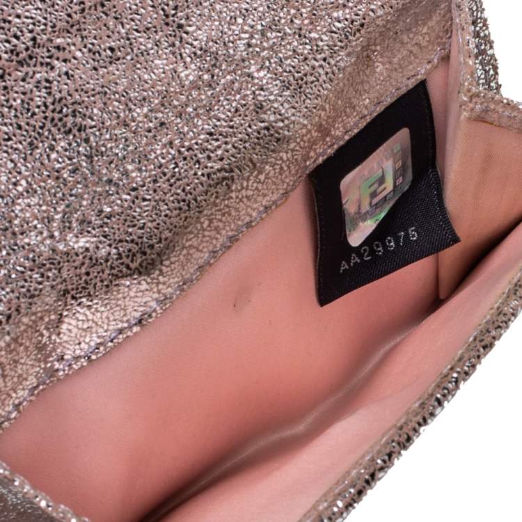 Pre Owned Fendi Silver/Beige Zuchino Shimmer Canvas and Leather Flap Compact Wallet