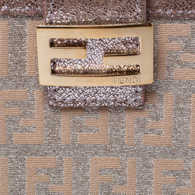 Pre Owned Fendi Silver/Beige Zuchino Shimmer Canvas and Leather Flap Compact Wallet