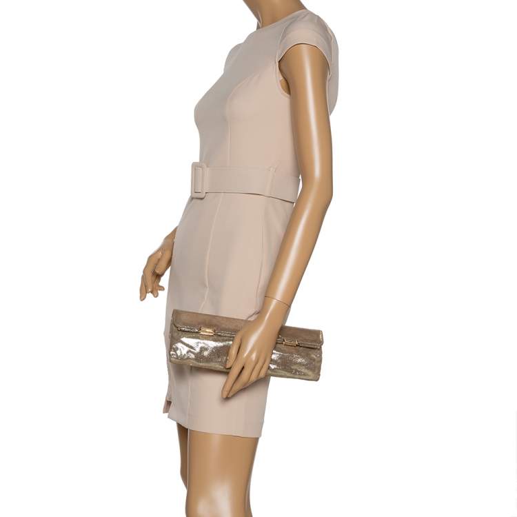 Pre Owned Fendi Gold Shimmer Leather Flap Long Clutch
