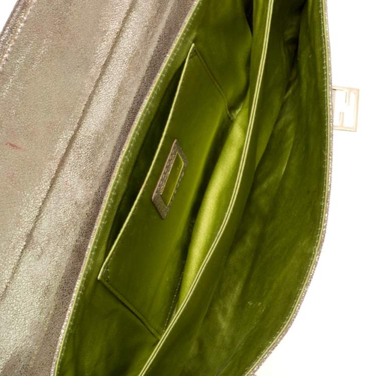 Pre Owned Fendi Gold Shimmer Leather Flap Long Clutch