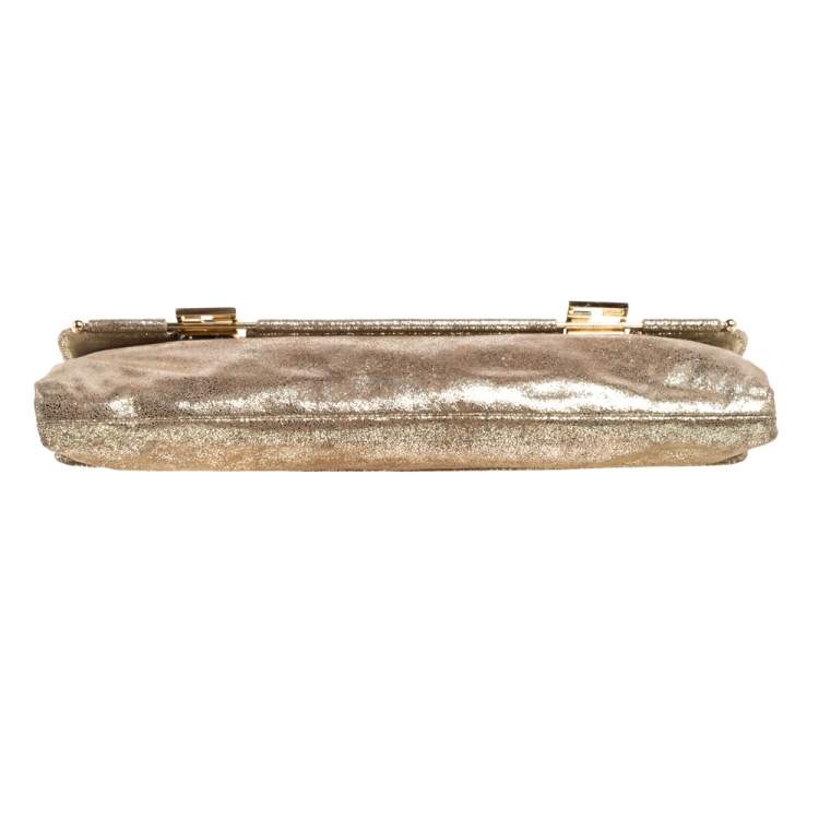 Pre Owned Fendi Gold Shimmer Leather Flap Long Clutch