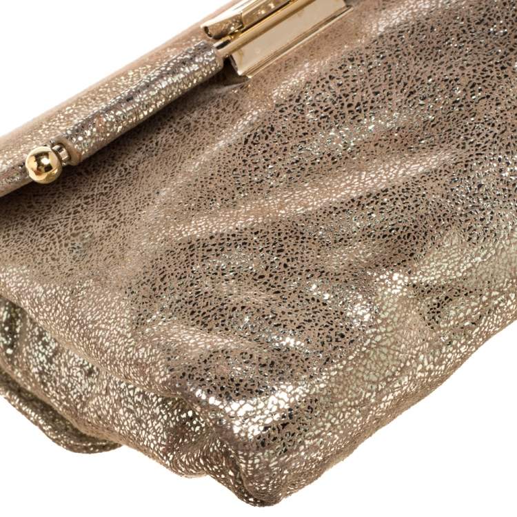 Pre Owned Fendi Gold Shimmer Leather Flap Long Clutch