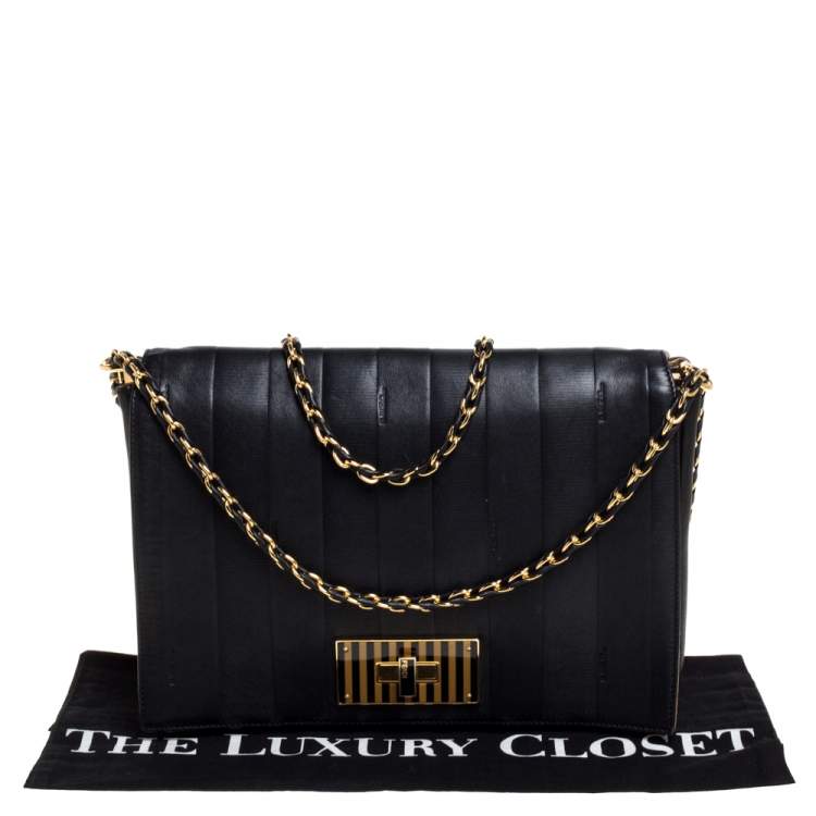 مملوكة مسبقًا Fendi Black Pequin Stripe Leather Large Claudia Shoulder Bag