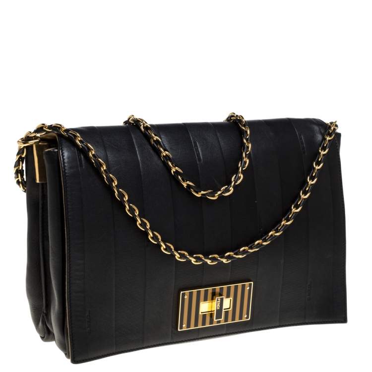 مملوكة مسبقًا Fendi Black Pequin Stripe Leather Large Claudia Shoulder Bag