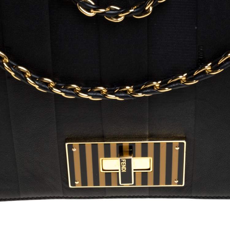 مملوكة مسبقًا Fendi Black Pequin Stripe Leather Large Claudia Shoulder Bag