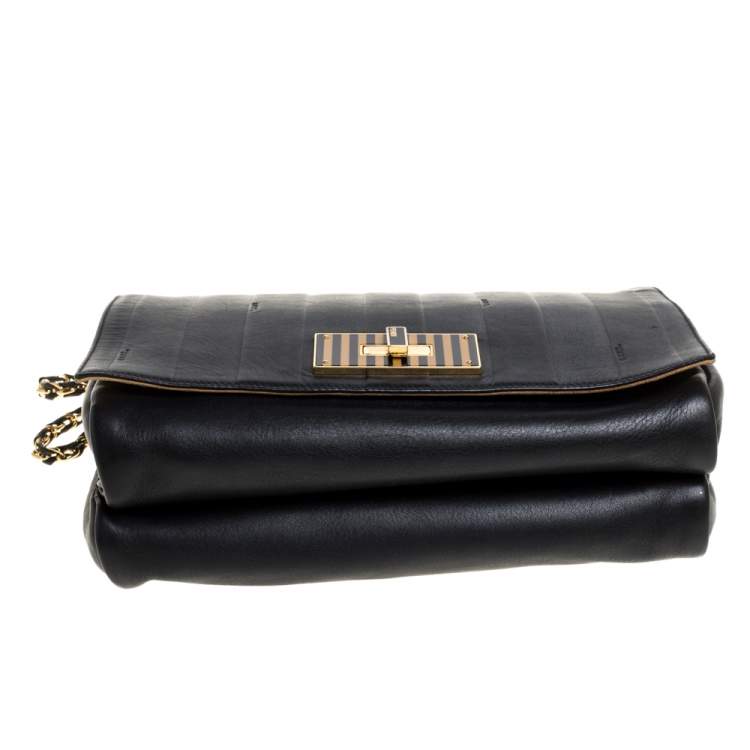 مملوكة مسبقًا Fendi Black Pequin Stripe Leather Large Claudia Shoulder Bag