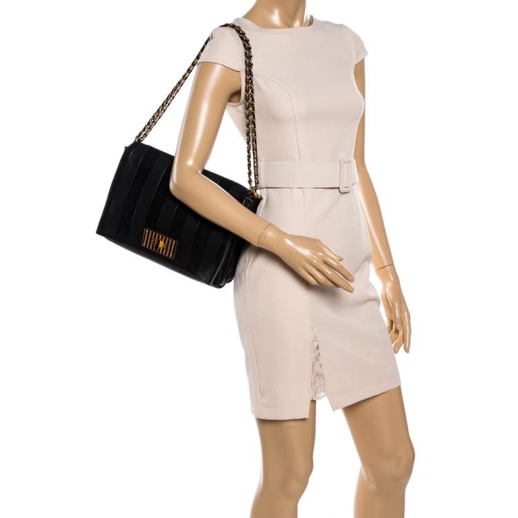 مملوكة مسبقًا Fendi Black Pequin Stripe Leather Large Claudia Shoulder Bag