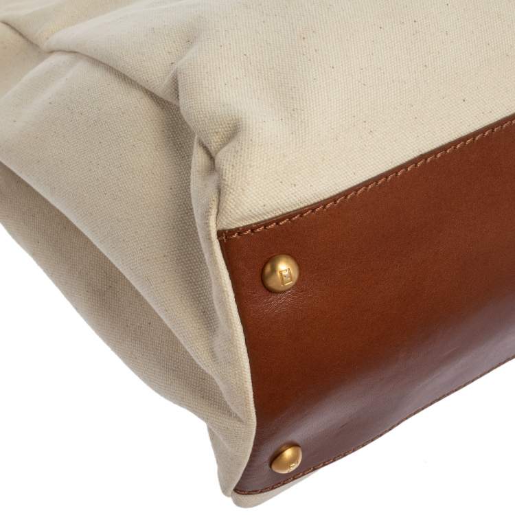 Pre Owned Fendi Cream/Tan Canvas and Leather Large Peekaboo Top Handle Bag