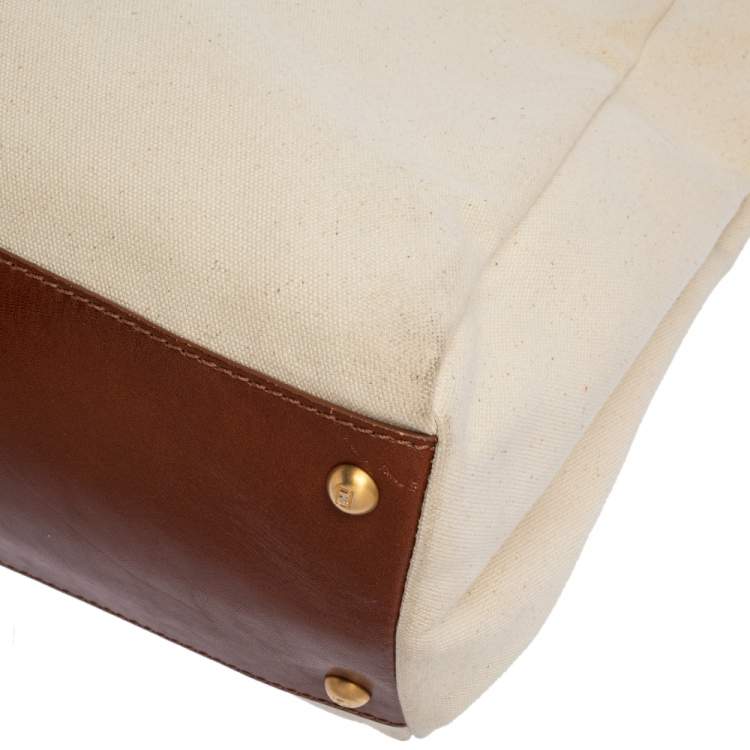 Pre Owned Fendi Cream/Tan Canvas and Leather Large Peekaboo Top Handle Bag