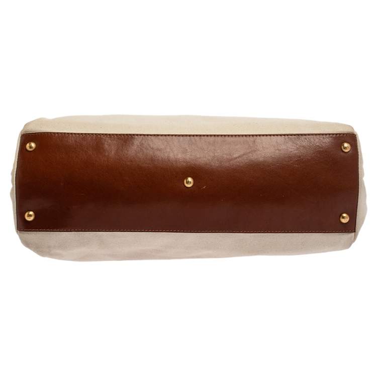 Pre Owned Fendi Cream/Tan Canvas and Leather Large Peekaboo Top Handle Bag