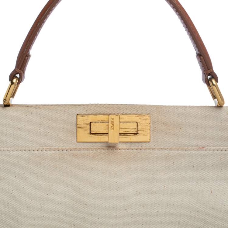 Pre Owned Fendi Cream/Tan Canvas and Leather Large Peekaboo Top Handle Bag
