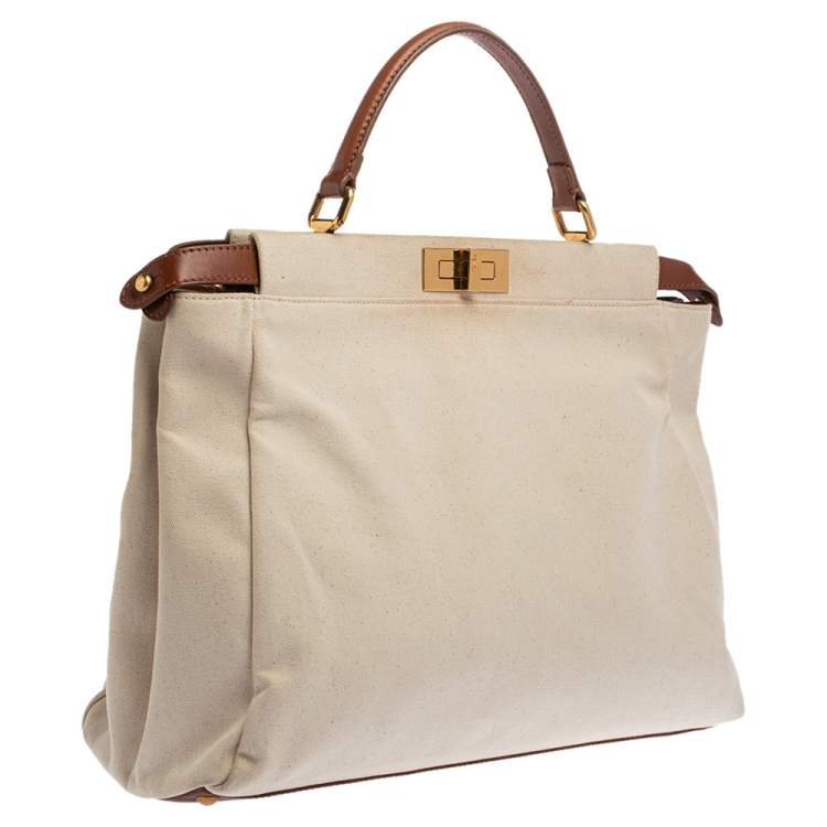 Pre Owned Fendi Cream/Tan Canvas and Leather Large Peekaboo Top Handle Bag