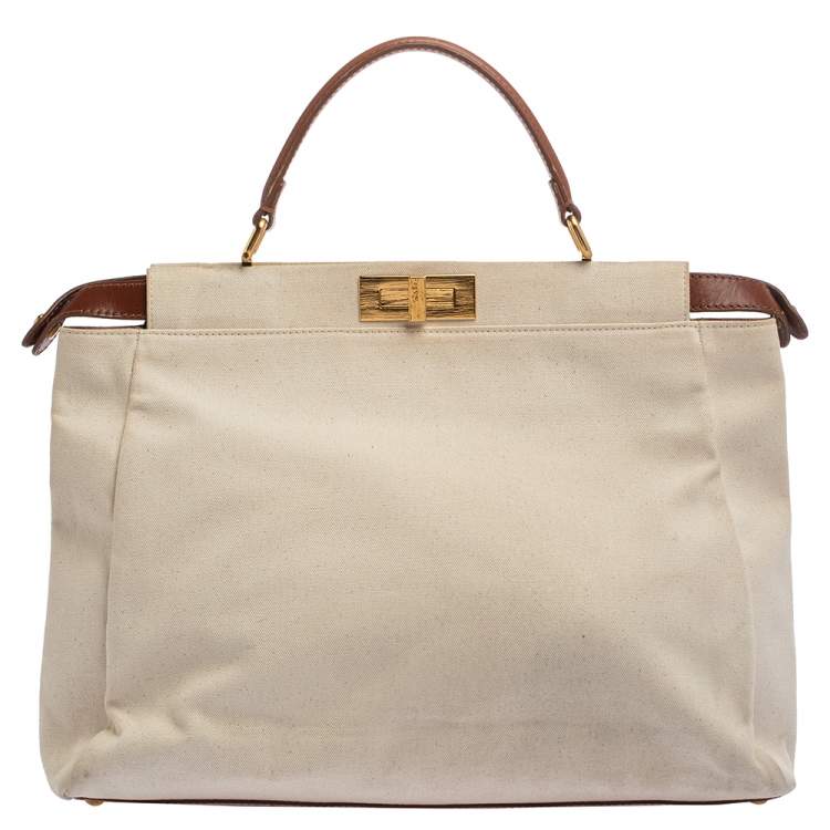 Pre Owned Fendi Cream/Tan Canvas and Leather Large Peekaboo Top Handle Bag
