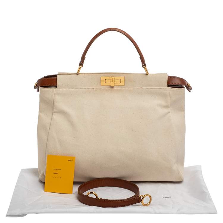 Pre Owned Fendi Cream/Tan Canvas and Leather Large Peekaboo Top Handle Bag