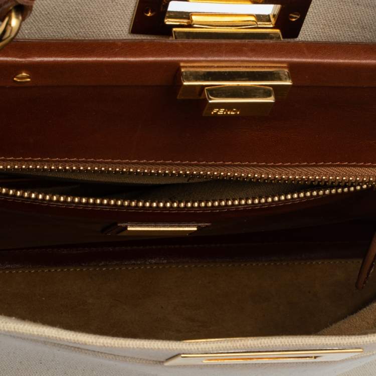 Pre Owned Fendi Cream/Tan Canvas and Leather Large Peekaboo Top Handle Bag