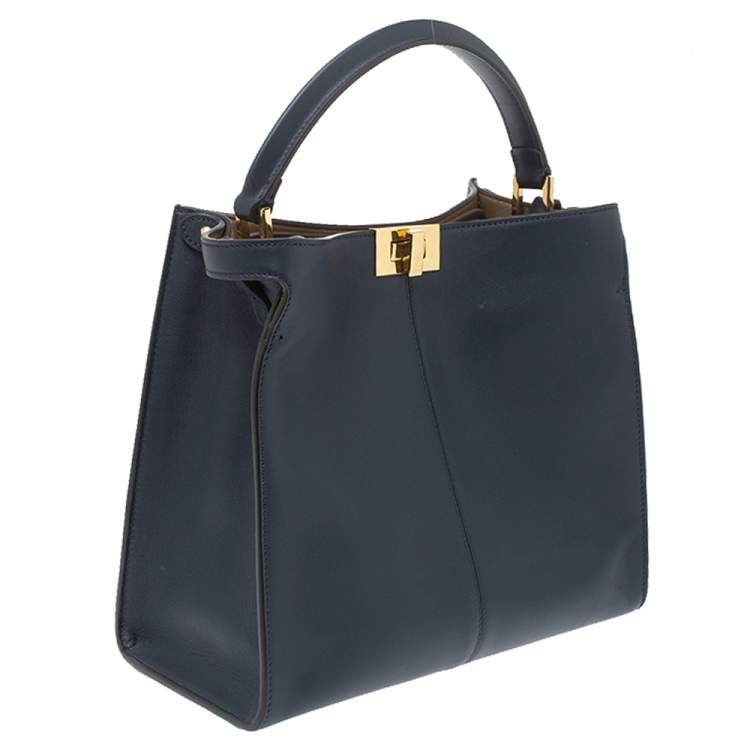 Pre Owned Fendi Blue Leather Peekaboo X-Lite Top Handle Bag