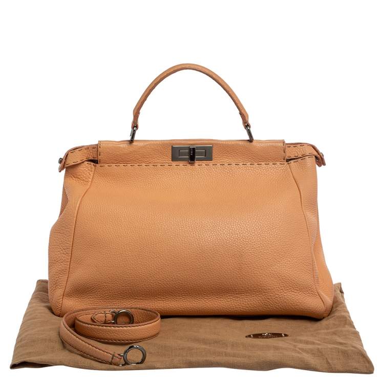 Pre Owned Fendi Peach Selleria Leather Large Peekaboo Top Handle Bag