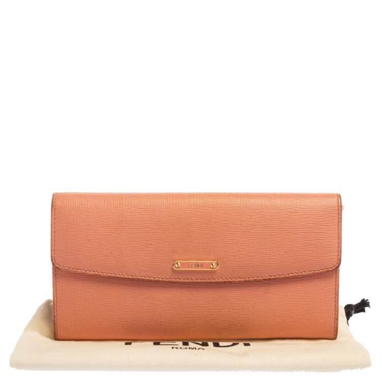 Pre Owned Fendi Peach Leather Logo Flap Continental Wallet