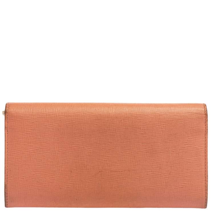 Pre Owned Fendi Peach Leather Logo Flap Continental Wallet