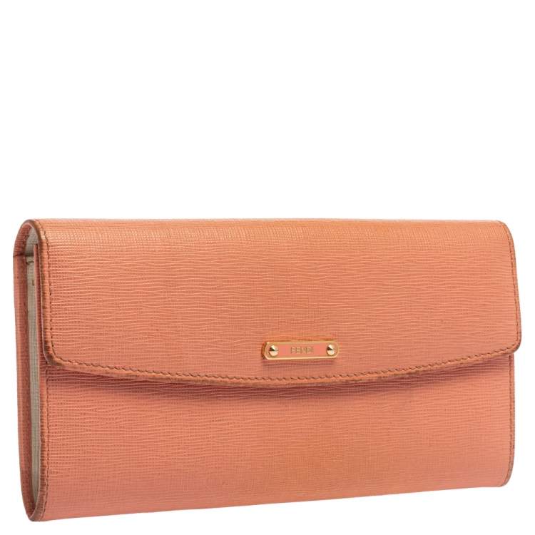 Pre Owned Fendi Peach Leather Logo Flap Continental Wallet