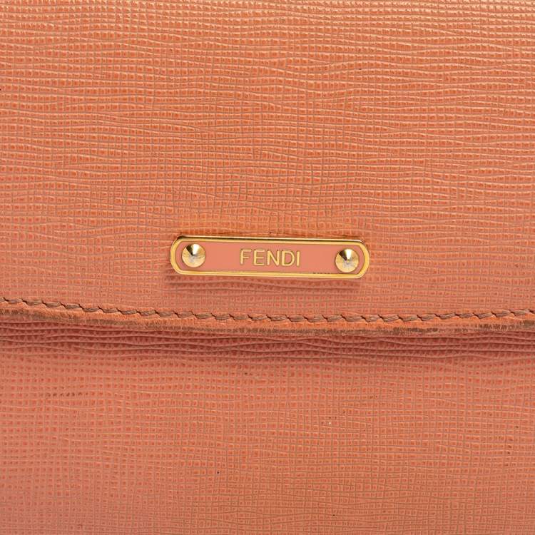Pre Owned Fendi Peach Leather Logo Flap Continental Wallet