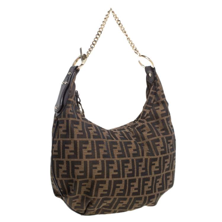 Pre Owned Fendi Tobacco Zucca Canvas and Leather Large Chef Chain Hobo