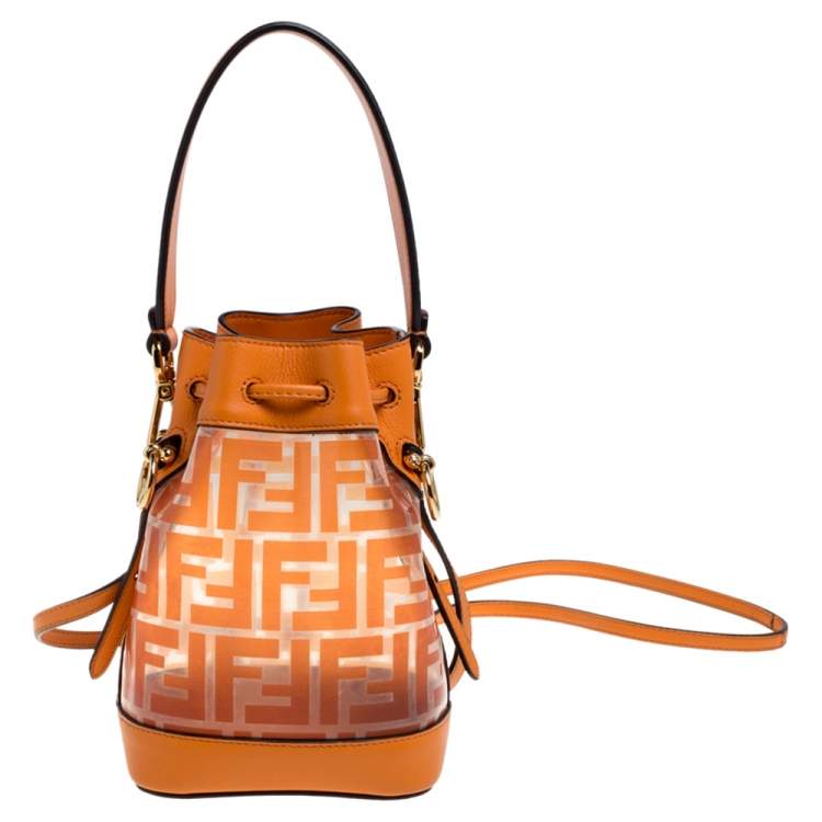 Pre Owned Fendi Orange Zucca PVC and Leather Mini Mon Tresor Drawstring Bucket Bag