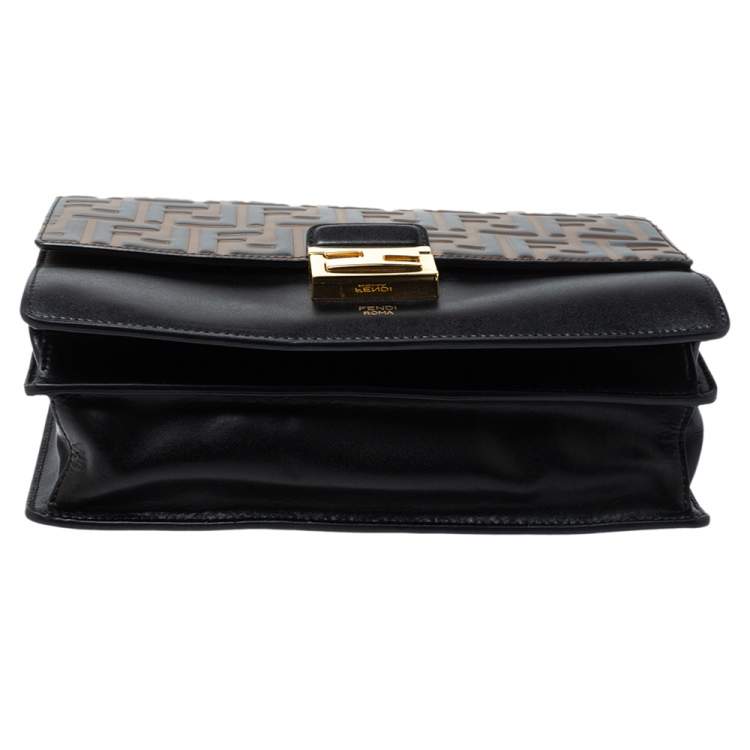 Pre Owned Fendi Black/Brown Zucca Embossed Leather Medium Kan U Top Handle Bag