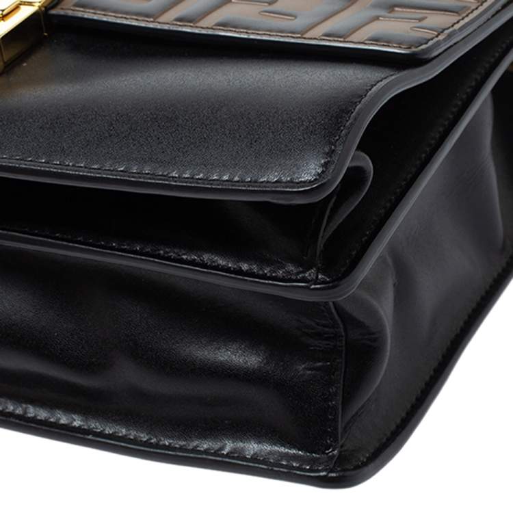 Pre Owned Fendi Black/Brown Zucca Embossed Leather Medium Kan U Top Handle Bag