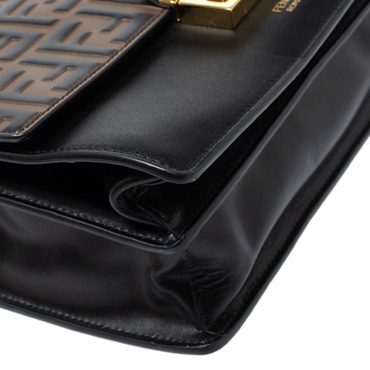 Pre Owned Fendi Black/Brown Zucca Embossed Leather Medium Kan U Top Handle Bag