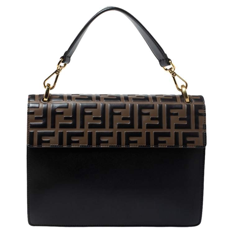 Pre Owned Fendi Black/Brown Zucca Embossed Leather Medium Kan U Top Handle Bag