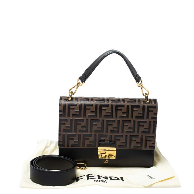 Pre Owned Fendi Black/Brown Zucca Embossed Leather Medium Kan U Top Handle Bag