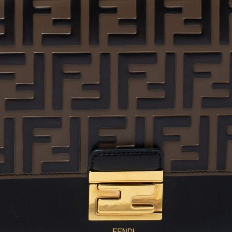 Pre Owned Fendi Black/Brown Zucca Embossed Leather Medium Kan U Top Handle Bag