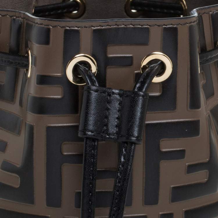 Pre Owned Fendi Brown/Black Zucca Leather Mini Mon Tresor Drawstring Bucket Bag