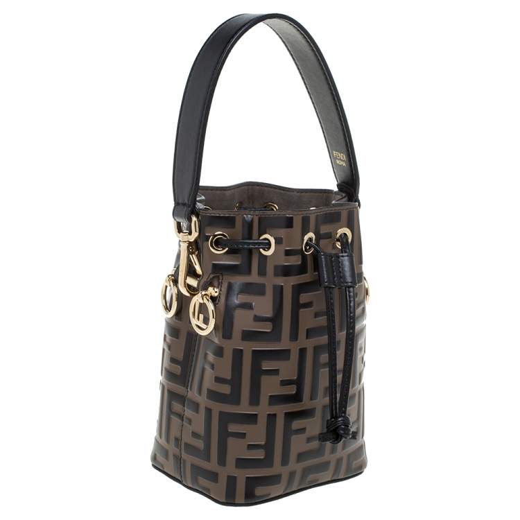Pre Owned Fendi Brown/Black Zucca Leather Mini Mon Tresor Drawstring Bucket Bag