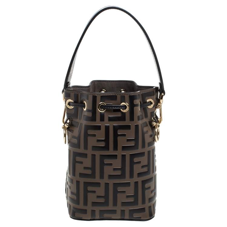 Pre Owned Fendi Brown/Black Zucca Leather Mini Mon Tresor Drawstring Bucket Bag