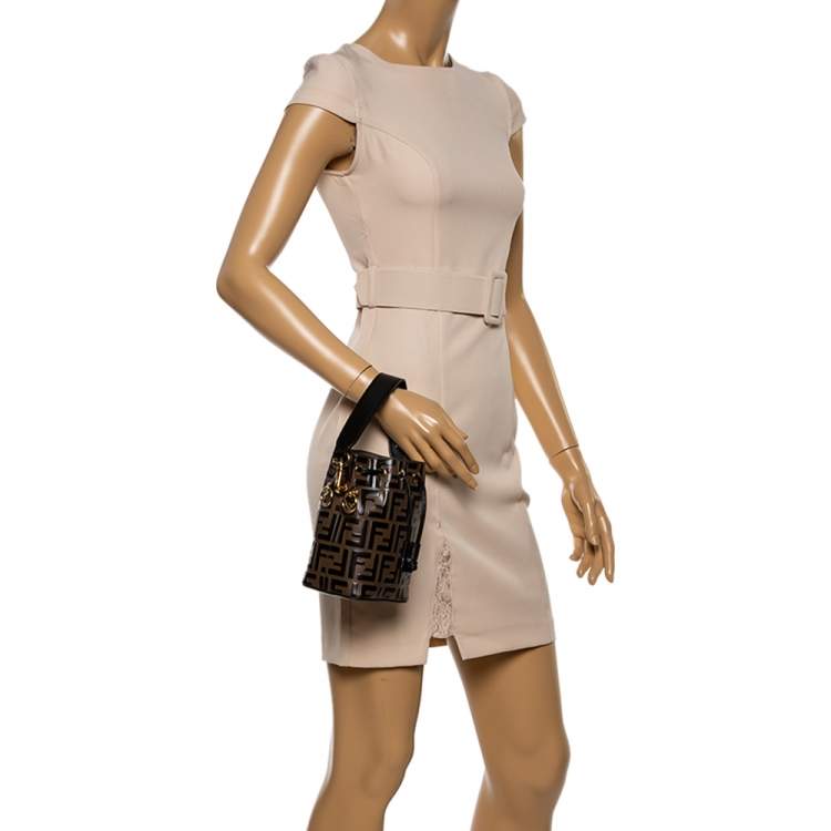 Pre Owned Fendi Brown/Black Zucca Leather Mini Mon Tresor Drawstring Bucket Bag