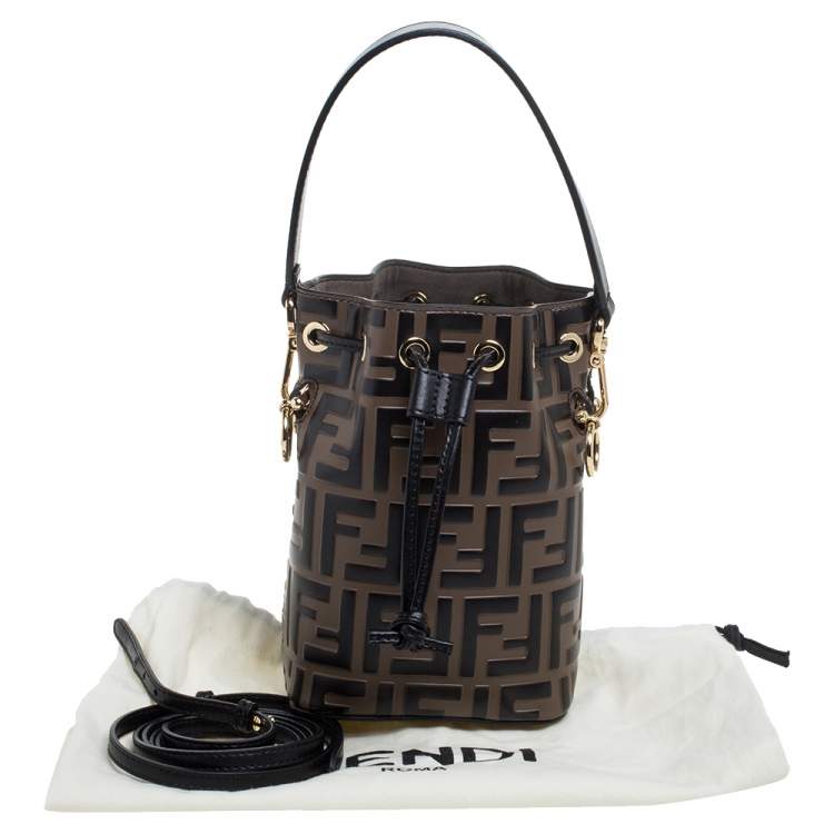 Pre Owned Fendi Brown/Black Zucca Leather Mini Mon Tresor Drawstring Bucket Bag