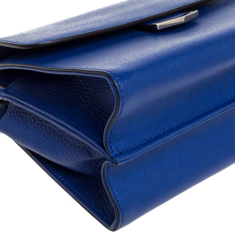 Pre Owned Fendi Blue Textured Leather Mini Demi Jour Top Handle Bag
