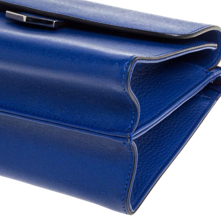 Pre Owned Fendi Blue Textured Leather Mini Demi Jour Top Handle Bag