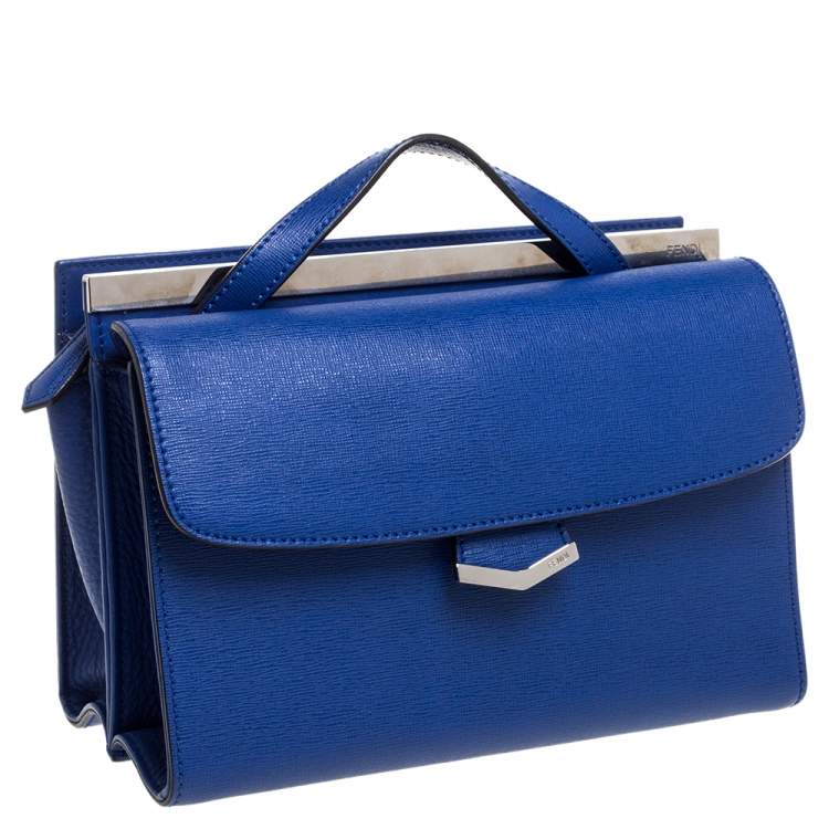 Pre Owned Fendi Blue Textured Leather Mini Demi Jour Top Handle Bag