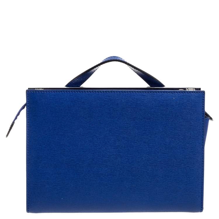Pre Owned Fendi Blue Textured Leather Mini Demi Jour Top Handle Bag