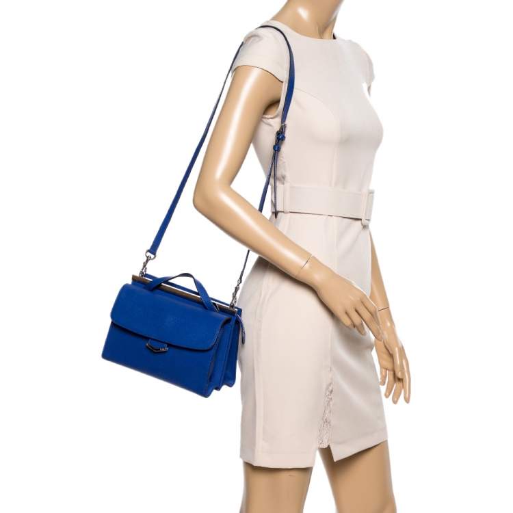 Pre Owned Fendi Blue Textured Leather Mini Demi Jour Top Handle Bag
