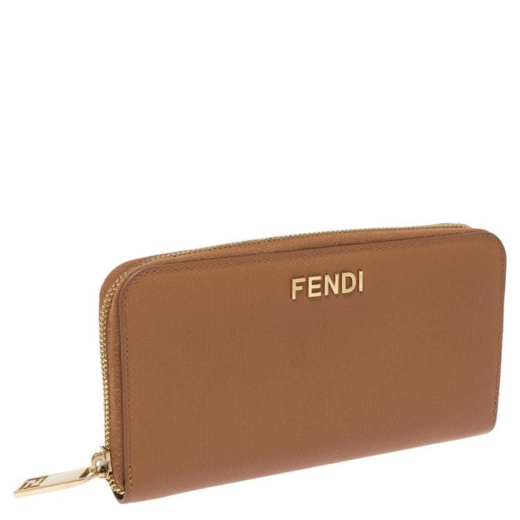 Pre Owned Fendi Tan Leather Zip Around Wallet