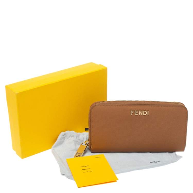 Pre Owned Fendi Tan Leather Zip Around Wallet