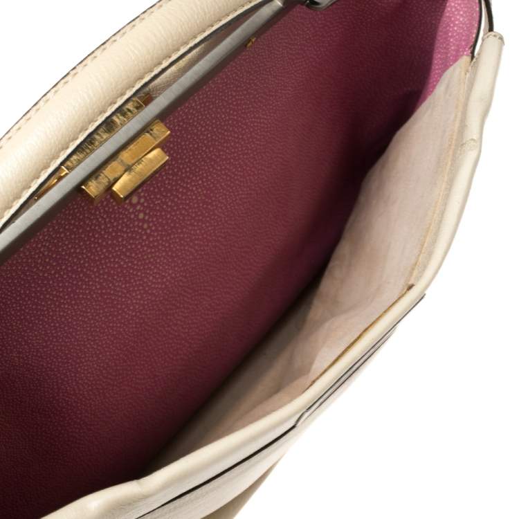 Pre Owned Fendi Cream Leather Large Peekaboo Top Handle Bag