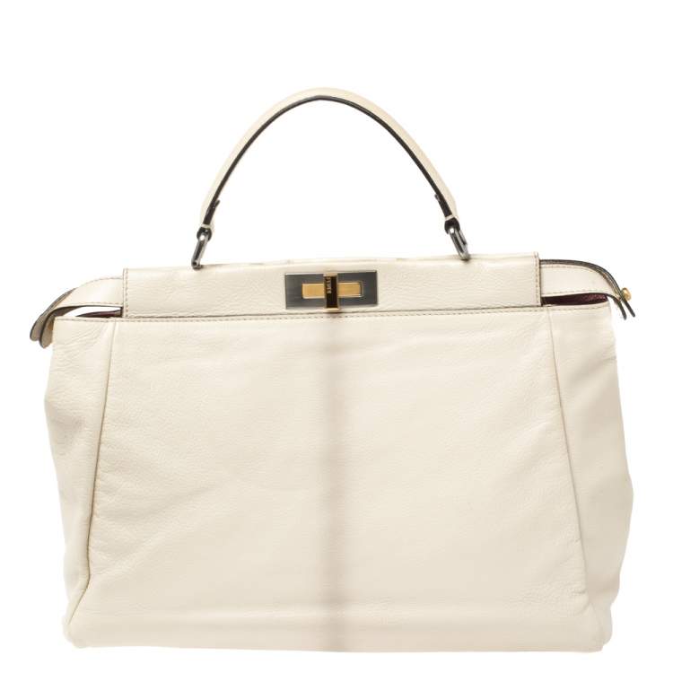 Pre Owned Fendi Cream Leather Large Peekaboo Top Handle Bag