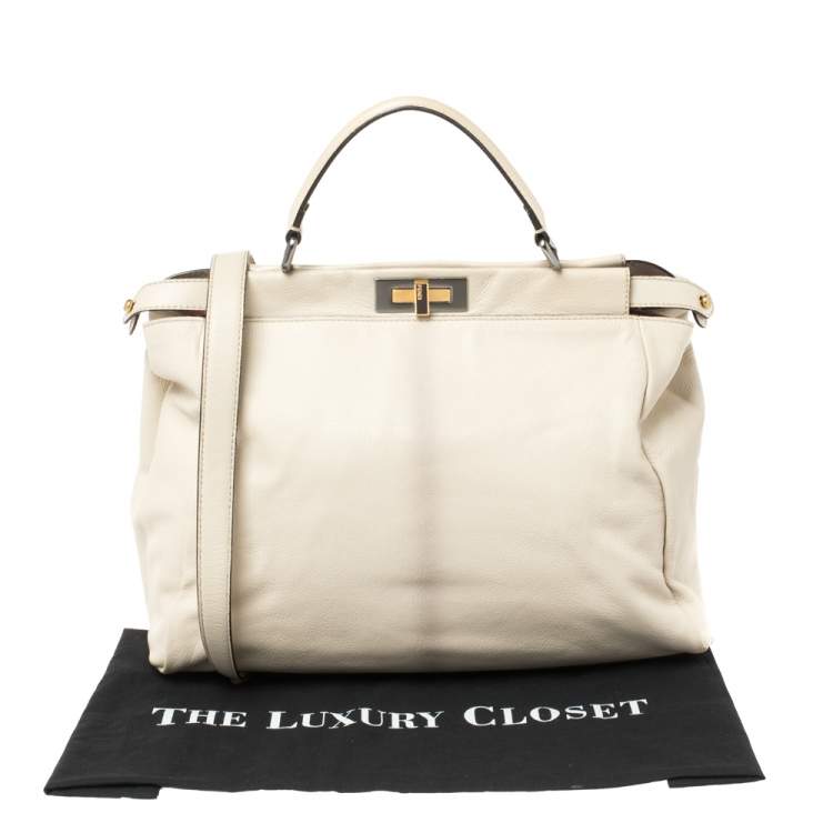Pre Owned Fendi Cream Leather Large Peekaboo Top Handle Bag